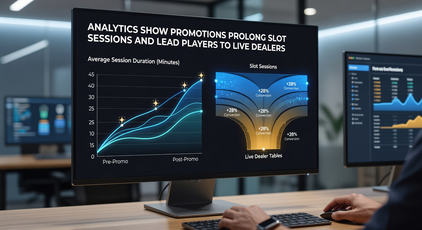 Infographic illustrating player flow from slot promotions to live dealer games, with arrows showing increased engagement metrics and session overlaps
