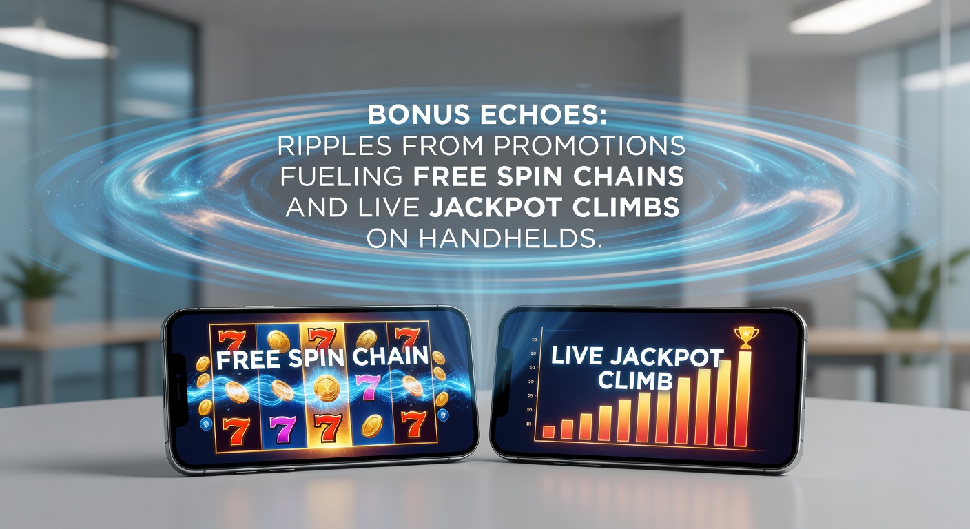 Handheld device displaying live jackpot climbing amid a chain of free spins triggered by promotional ripples
