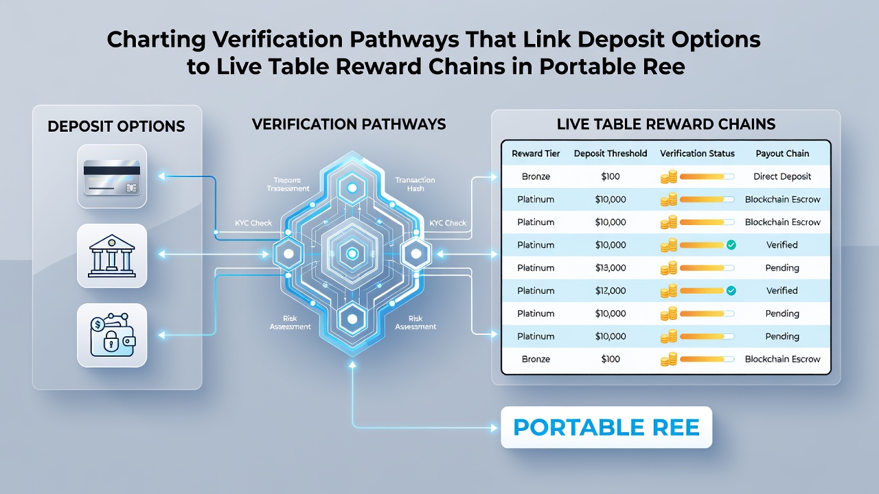 Flow diagram illustrating deposit verification linking to live dealer rewards and mobile slot chains