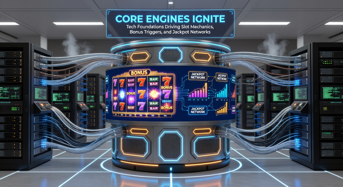 Intricate network diagram showing server nodes, data streams, and jackpot pools connecting multiple slot games and casinos worldwide