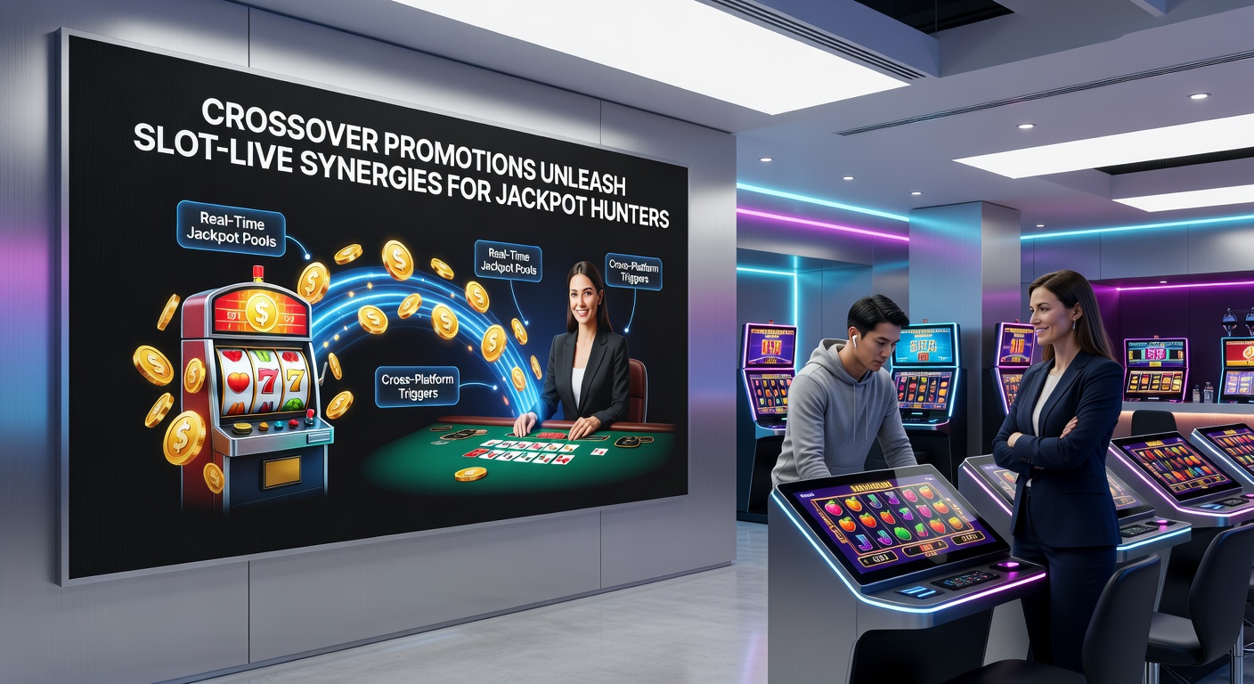 Digital screen displaying a crossover promotion interface, with slot reels merging into live dealer streams and rising jackpot meters