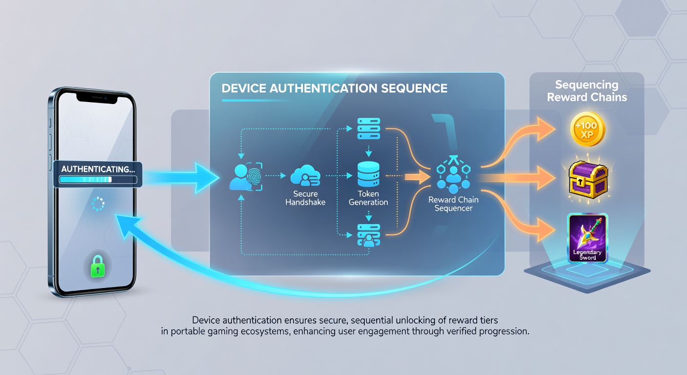 Sequence diagram illustrating device authentication steps linked to reward progression in gaming apps