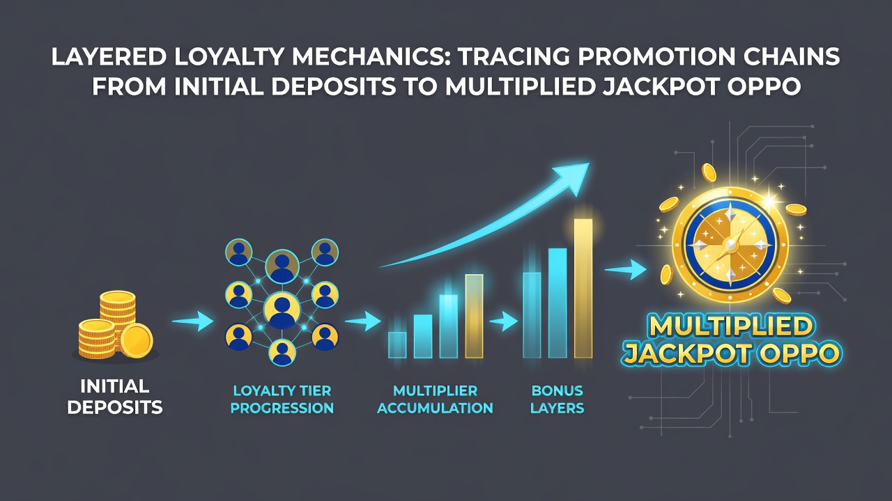 Illustration of promotion chain flowchart on a smartphone screen connecting deposits to jackpot outcomes