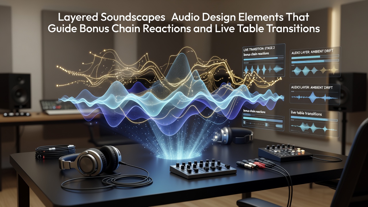Illustration of audio waveform layers syncing reel bonuses with live casino table transitions on mobile