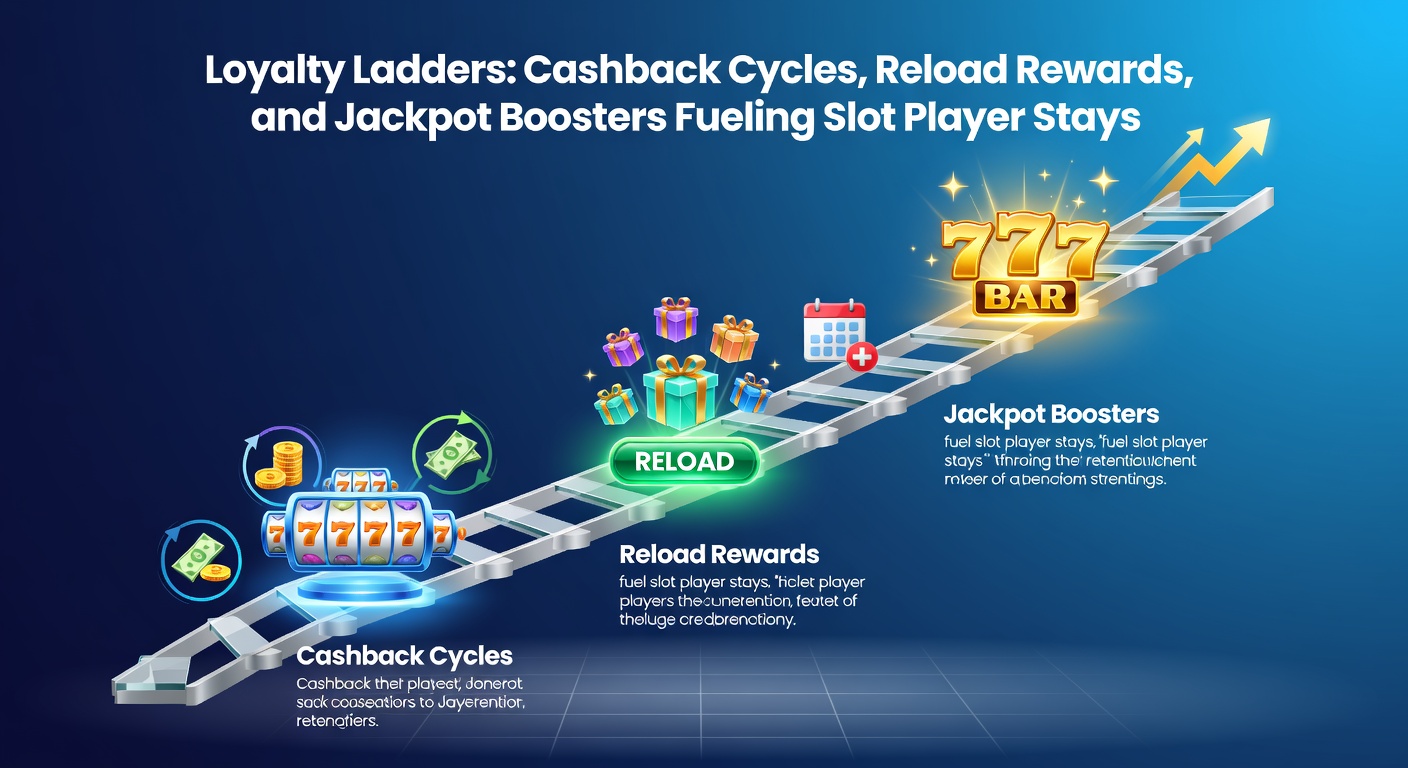 Dynamic graphic showing cashback cycles feeding into reload rewards and jackpot boosters on a slot loyalty ladder, with players climbing tiers amid spinning reels