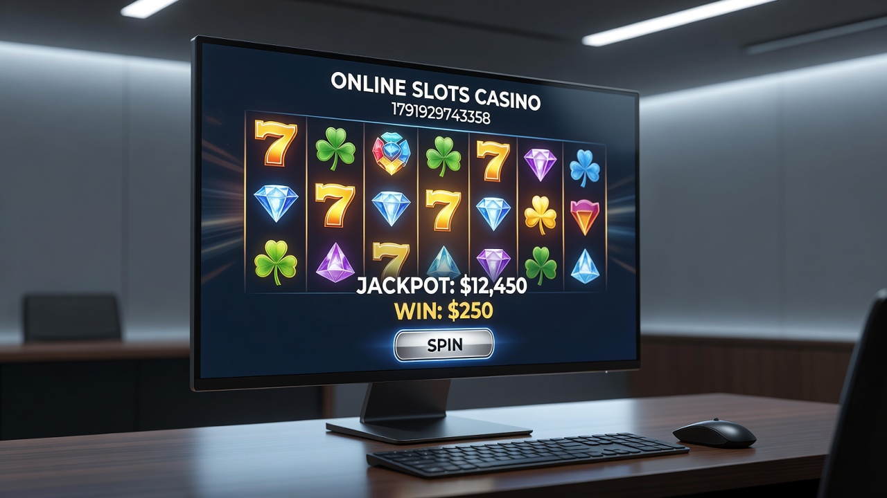 Detailed view of online slots casino gameplay featuring reels, paylines, and bonus indicators on a tablet device