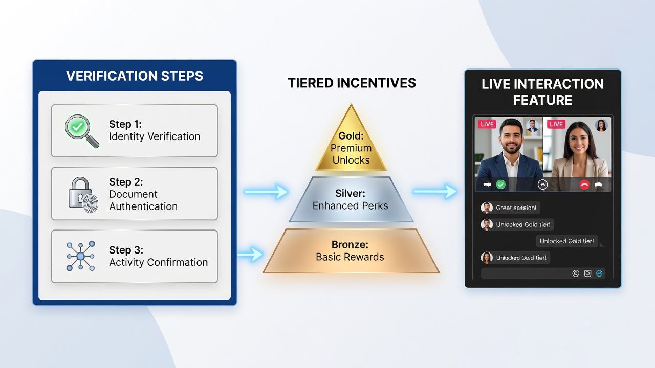 Mobile app interface showing verified user accessing live dealer tables and VIP incentive dashboard